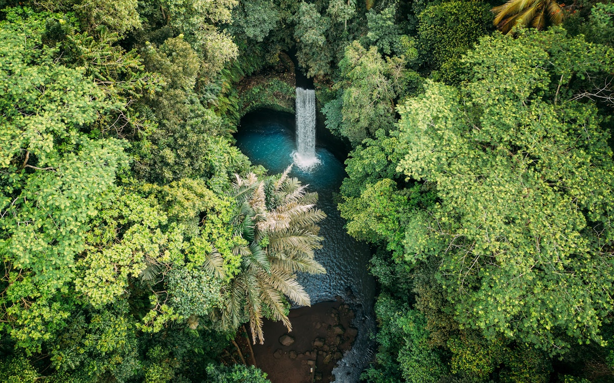Tibumana waterfall surrounded by lush green forest in Bali, Indonesia.