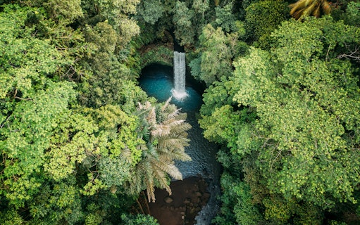 Tibumana waterfall surrounded by lush green forest in Bali, Indonesia.