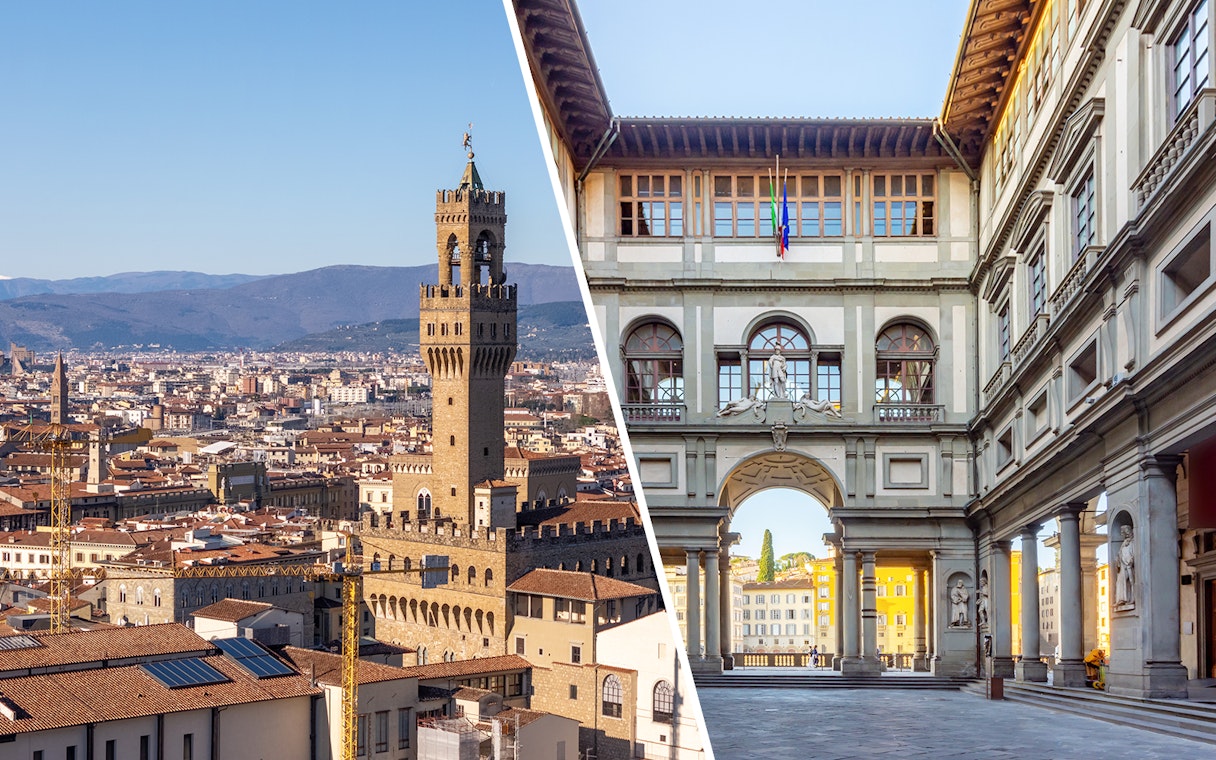 Palazzo Vecchio tower and Uffizi Gallery courtyard in Florence, Italy.