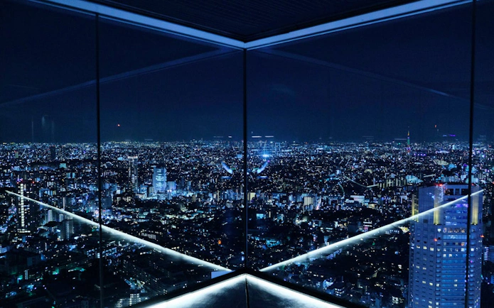 Tokyo cityscape view from Shibuya Sky observation deck at night.