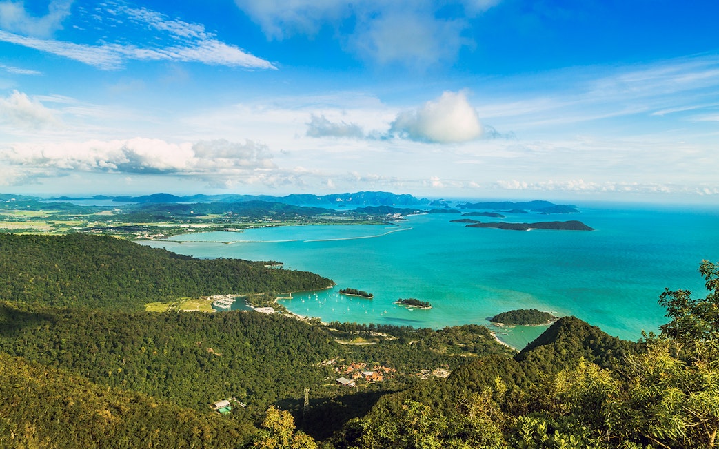 Langkawi island view with tropical forests and turquoise waters, Malaysia.