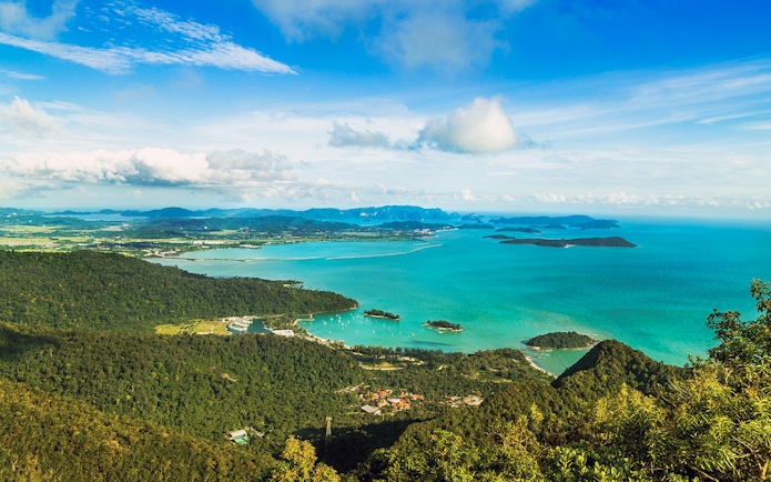 Langkawi island view with tropical forests and turquoise waters, Malaysia.