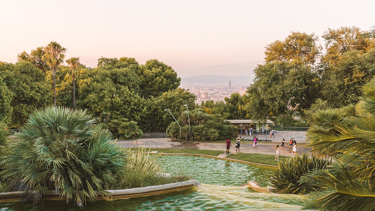 Jardins del Mirador in Montjuic overlooking Barcelona cityscape.