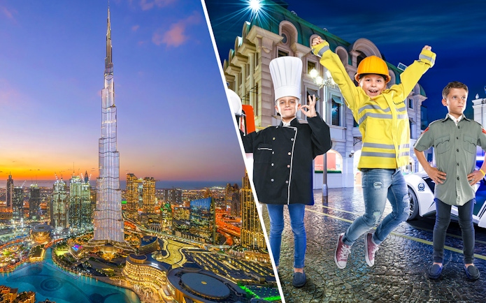 Burj Khalifa at sunset and children in KidZania role-play costumes in Dubai.