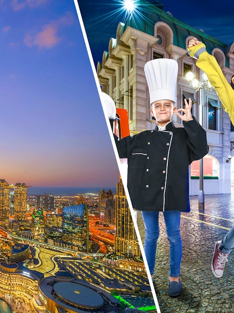 Burj Khalifa at sunset and children in KidZania role-play costumes in Dubai.