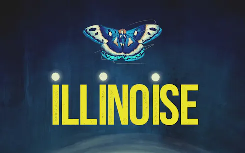 Colorful moth above the word 'Illinoise' in bold yellow letters