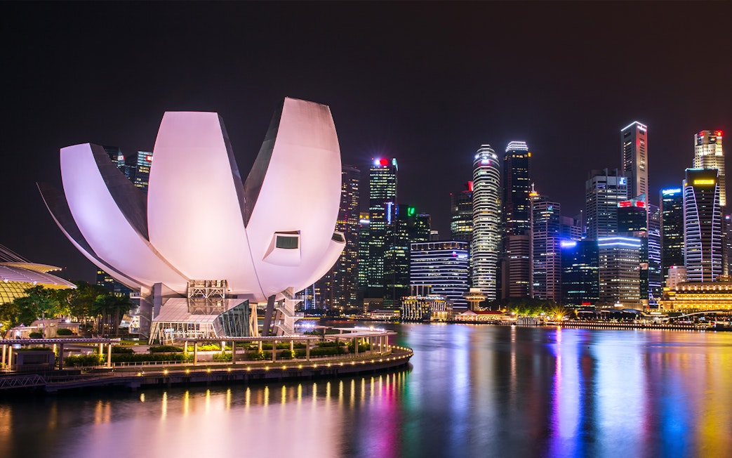 ArtScience Museum in Singapore with city skyline at night.