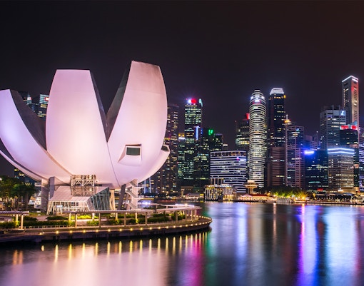 Marina Bay Sands SkyPark view with ArtScience Museum in Singapore in the foreground.