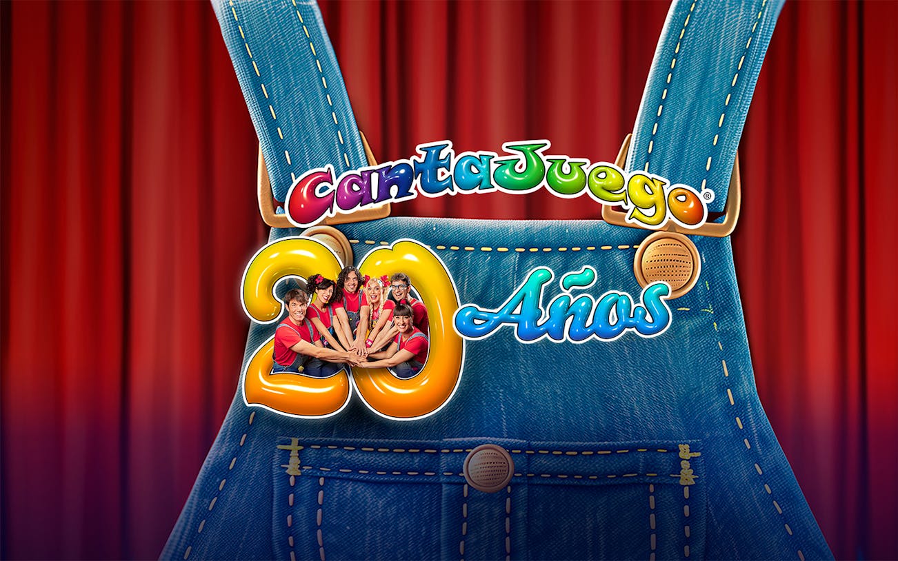 Cantajuegos 20 Años logo with group of performers on denim background.
