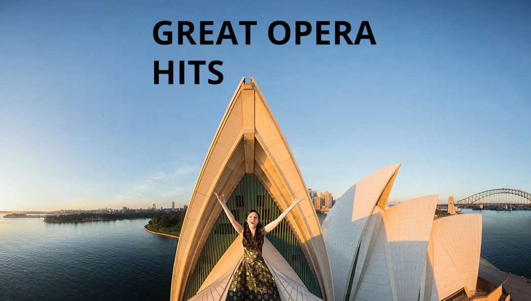 Opera singer on Sydney Opera House roof with city skyline, Great Opera Hits 2025.