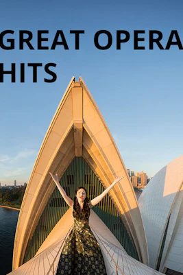 Opera singer on Sydney Opera House roof with city skyline, Great Opera Hits 2025.