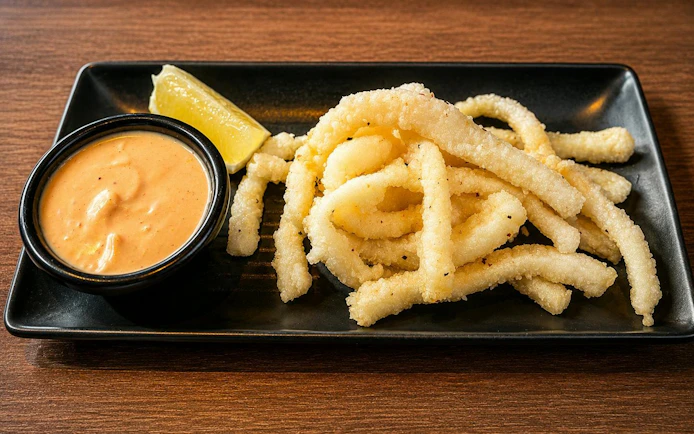 Calamari with dipping sauce and lemon wedge, Cairns Aquarium by Twilight dining option.