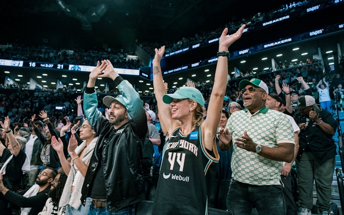 Fans cheering at New York Liberty basketball game in a lively arena.