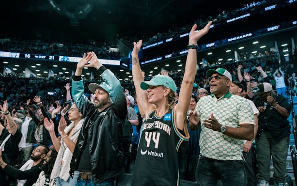 Fans cheering at New York Liberty basketball game in a lively arena.
