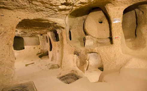 Underground cave rooms in Cappadocia, part of the 2-Day Red & Green Tour.