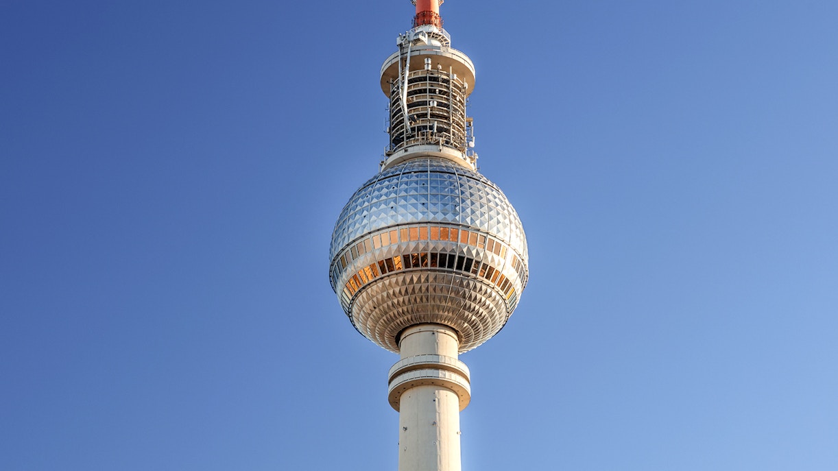 Berlin TV Tower against clear blue sky, Berlin, Germany.