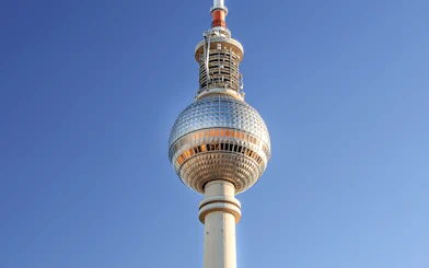 Berlin TV Tower against clear blue sky, Berlin, Germany.