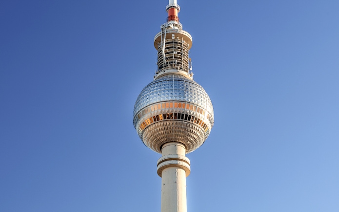 Berlin TV Tower against clear blue sky, Berlin, Germany.