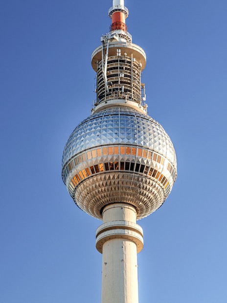 Berlin TV Tower against clear blue sky, Berlin, Germany.