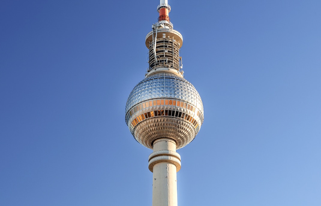 Berlin TV Tower against clear blue sky, Berlin, Germany.
