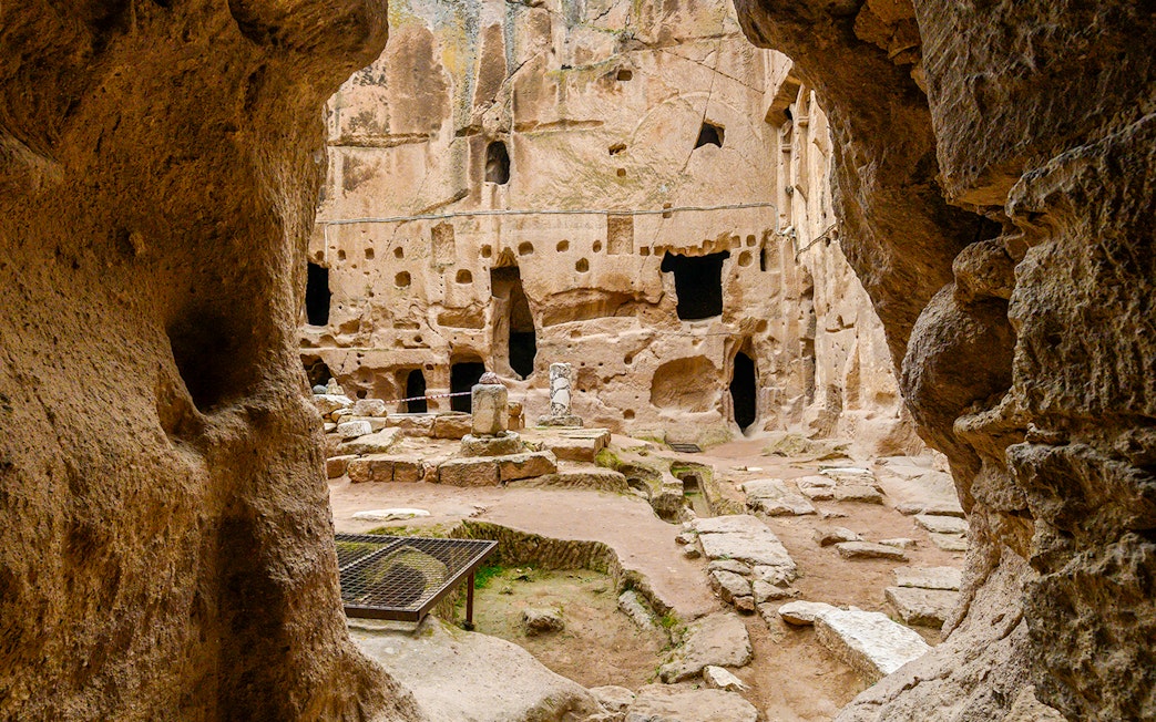 Underground city passageways and rock formations in Cappadocia, Turkey.