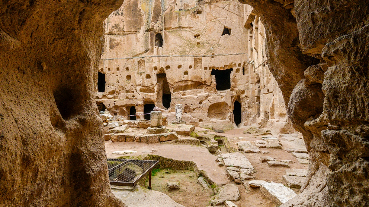 Underground city passageways and rock formations in Cappadocia, Turkey.