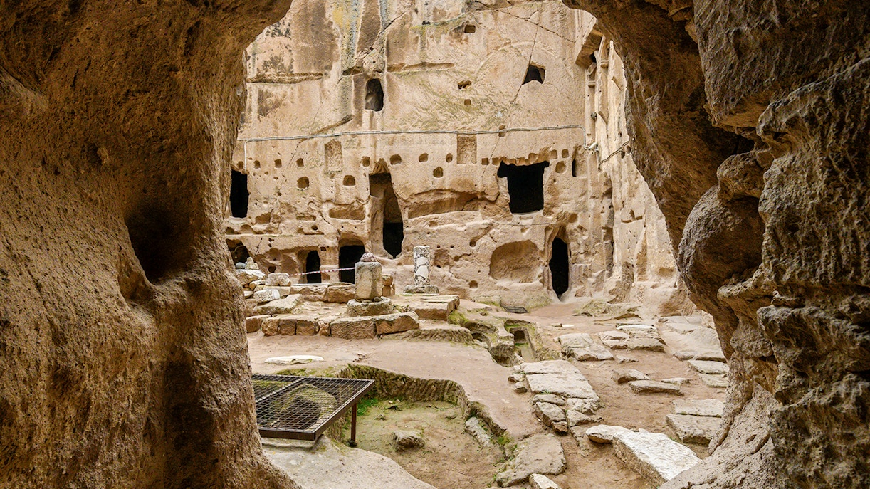 Underground city passageways and rock formations in Cappadocia, Turkey.