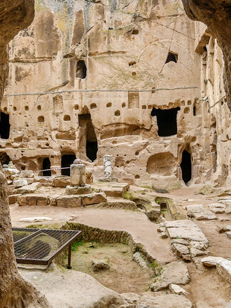 Underground city passageways and rock formations in Cappadocia, Turkey.