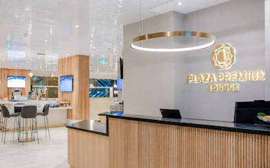 Plaza Premium Lounge reception and seating area at Vancouver International Airport (YVR).
