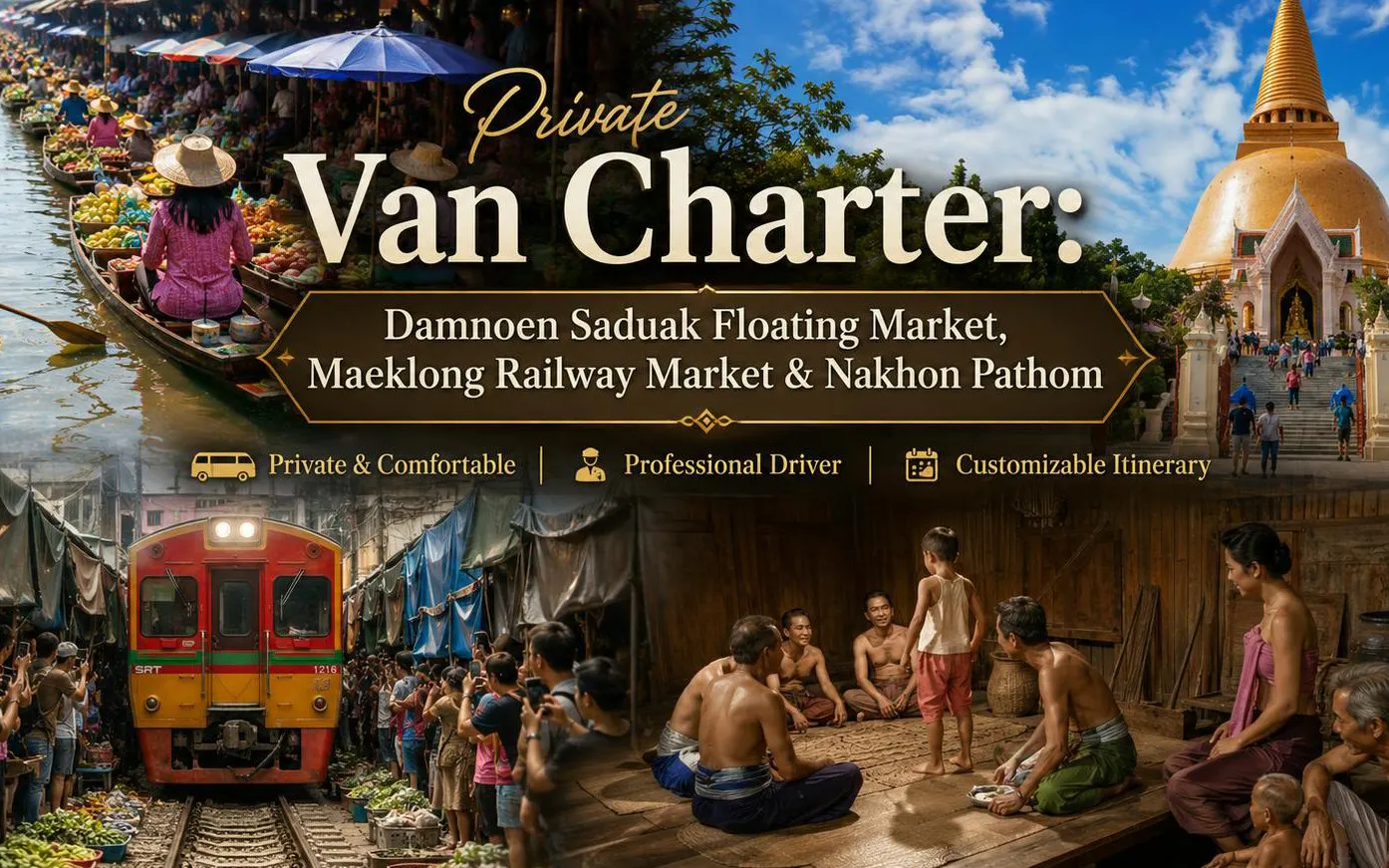 Private van charter tour featuring Damnoen Saduak Floating Market and Maeklong Railway Market.