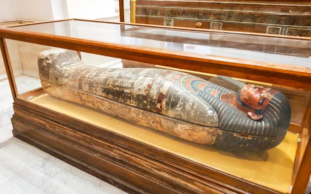 Sarcophagus in Cairo museum exhibit on Guided Day Tour of Ancient Egypt.