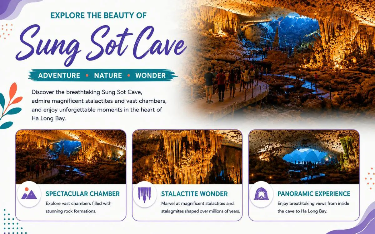 Sung Sot Cave interior with tourists exploring stalactites and rock formations in Ha Long Bay.