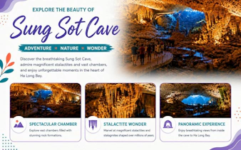 Sung Sot Cave interior with tourists exploring stalactites and rock formations in Ha Long Bay.