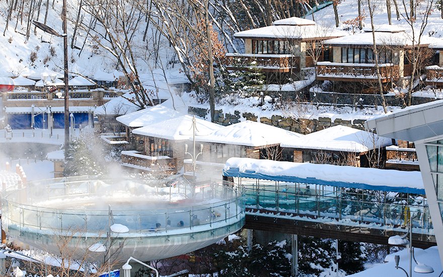 Vivaldi Park Ski World lodges and snow-covered landscape in South Korea.