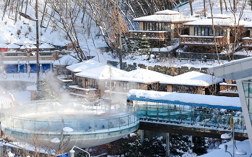 Vivaldi Park Ski World lodges and snow-covered landscape in South Korea.