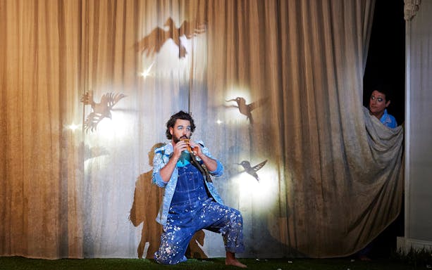Performer playing flute with bird shadows at Sydney Opera House.