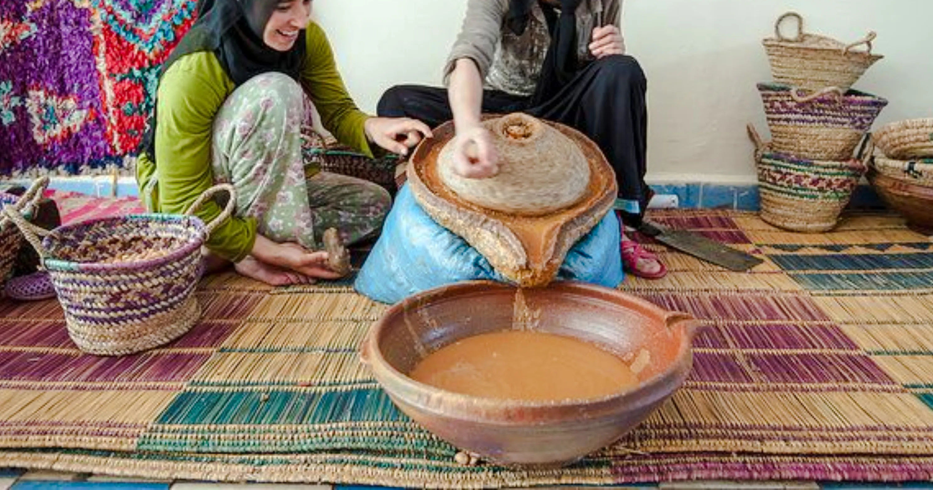 Argan oil production at cooperative during Essaouira day trip from Marrakech.