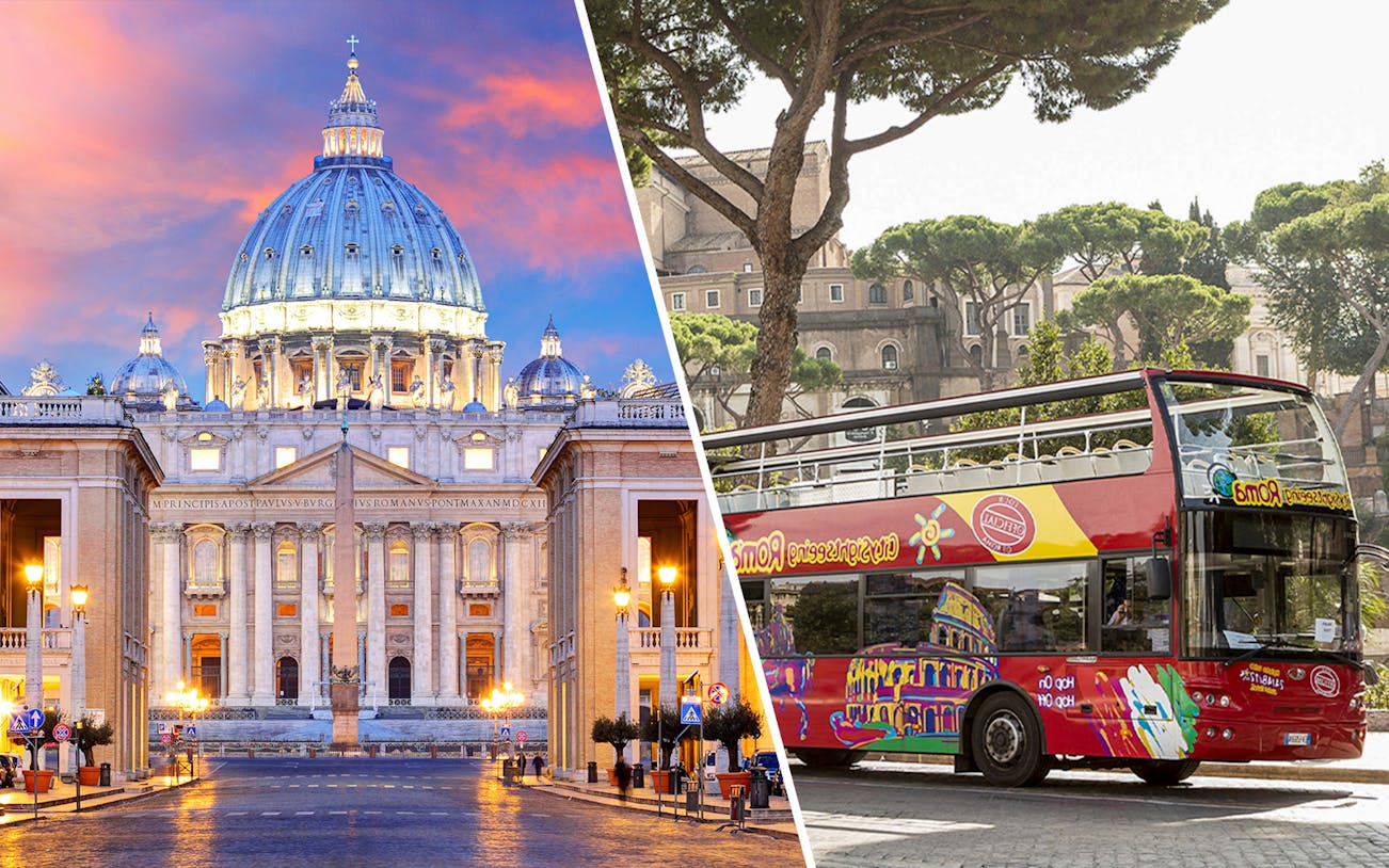 St. Peter's Basilica at sunset and a Rome hop-on hop-off tour bus.
