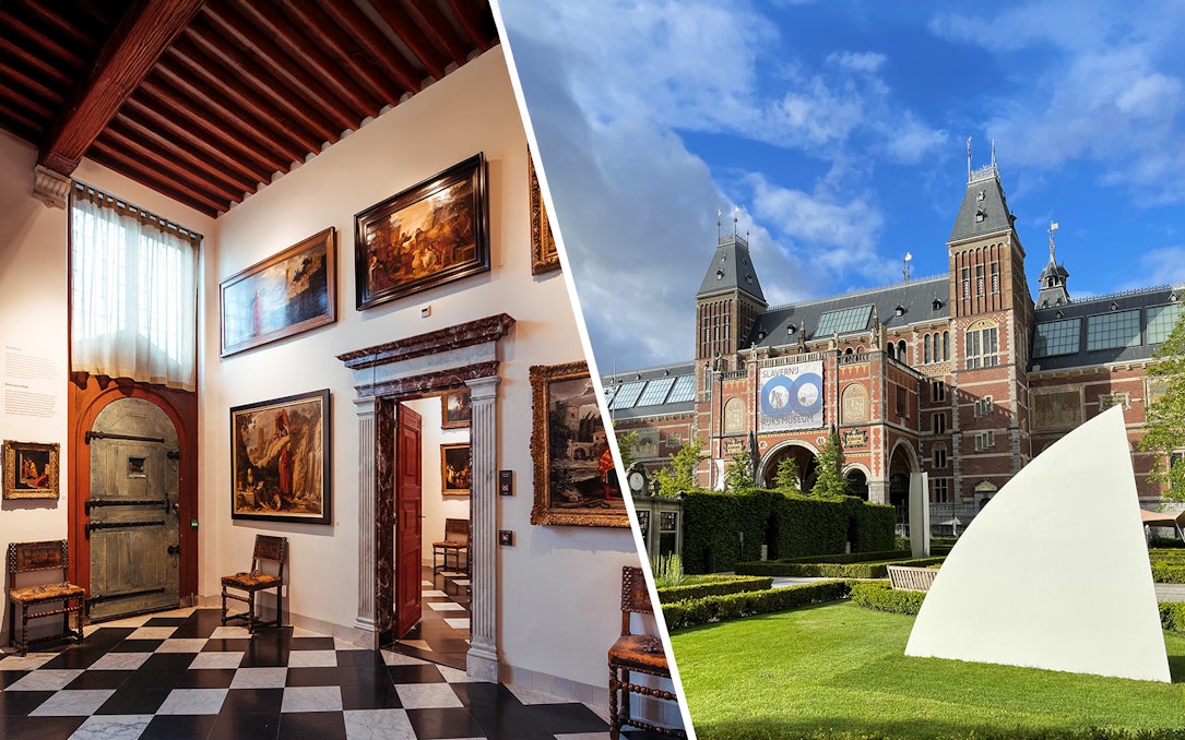 Exterior view of the Rijksmuseum in Amsterdam with its iconic architecture.
