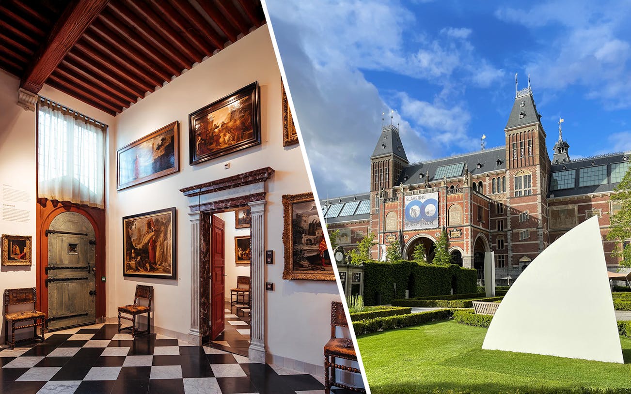Exterior view of the Rijksmuseum in Amsterdam with its iconic architecture.