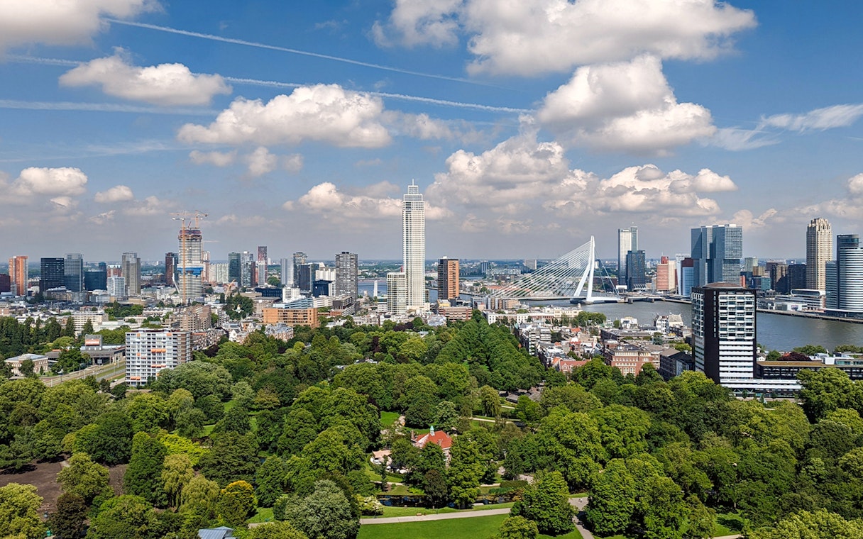 Rotterdam skyline with Erasmus Bridge and modern buildings.