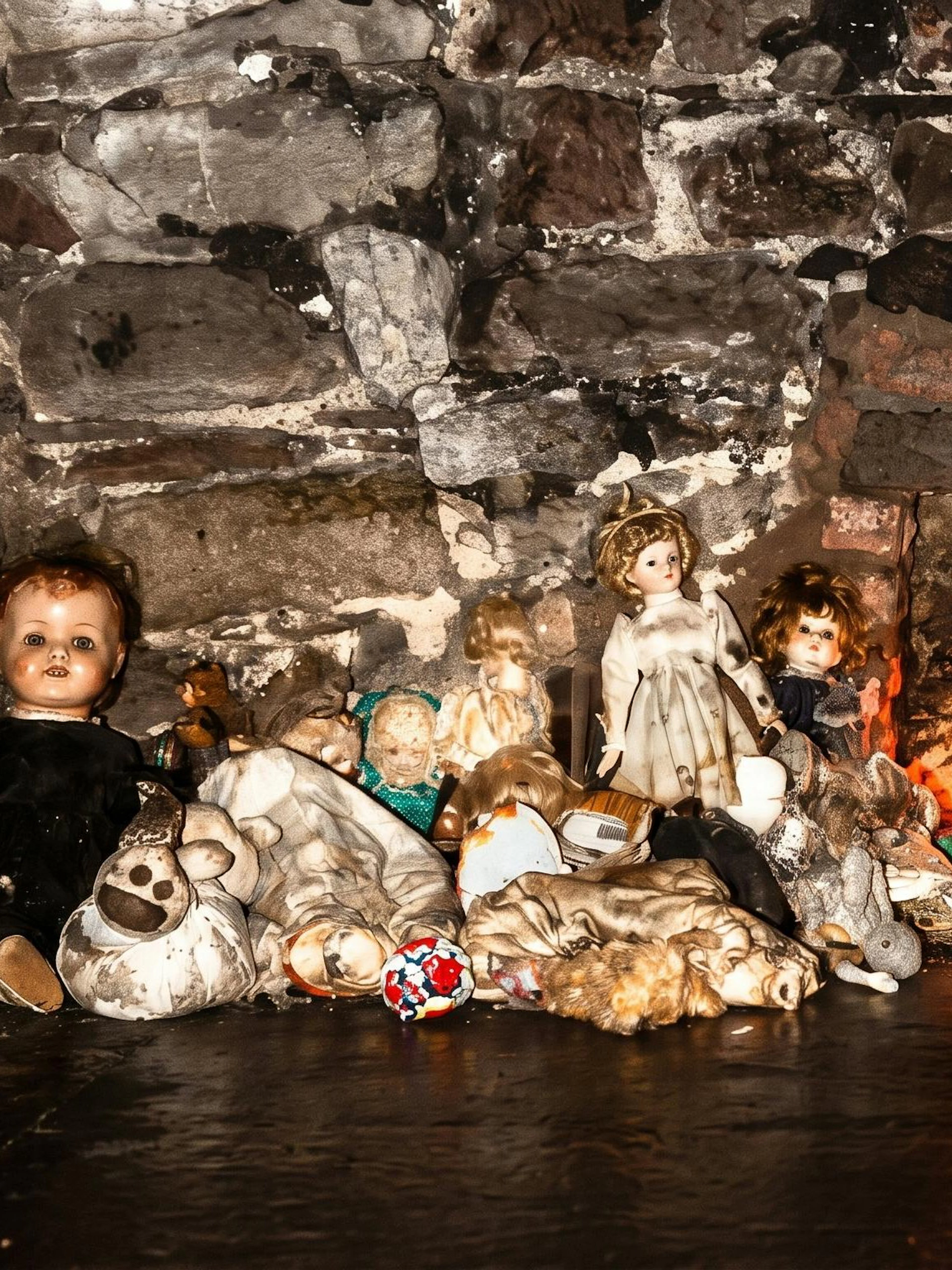 Creepy dolls and lantern in Edinburgh underground ghost tour setting.