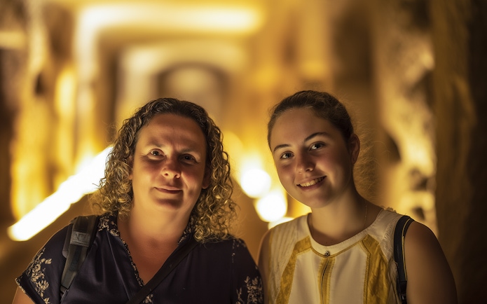 Visitors exploring the illuminated corridors of the Roman Catacombs.