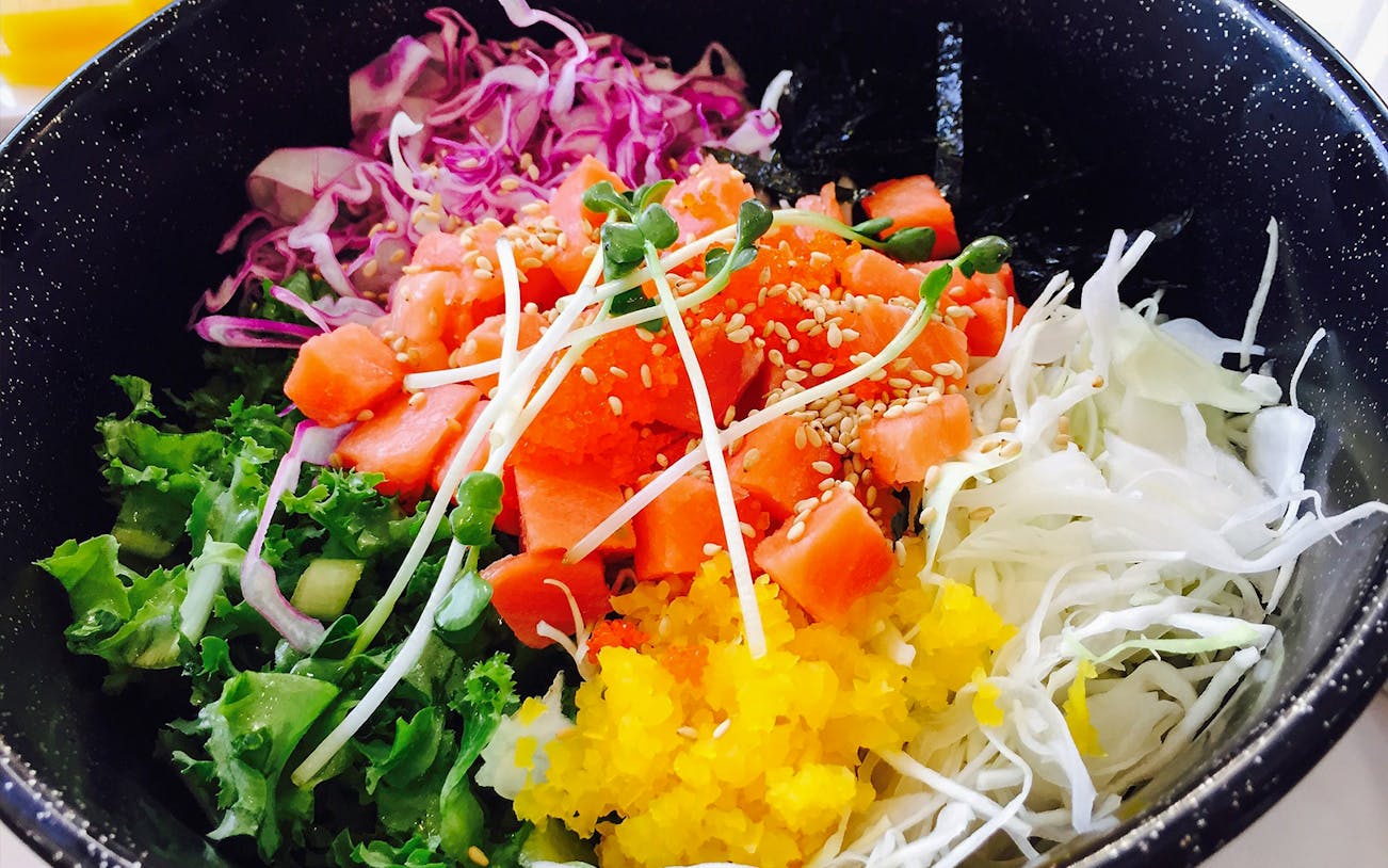 Assorted fresh vegetables and salmon bowl on Tokyo Family Food Tour in Asakusa.