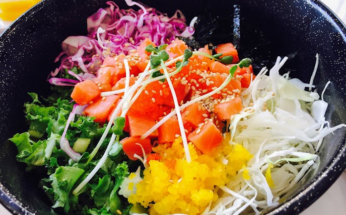 Assorted fresh vegetables and salmon bowl on Tokyo Family Food Tour in Asakusa.