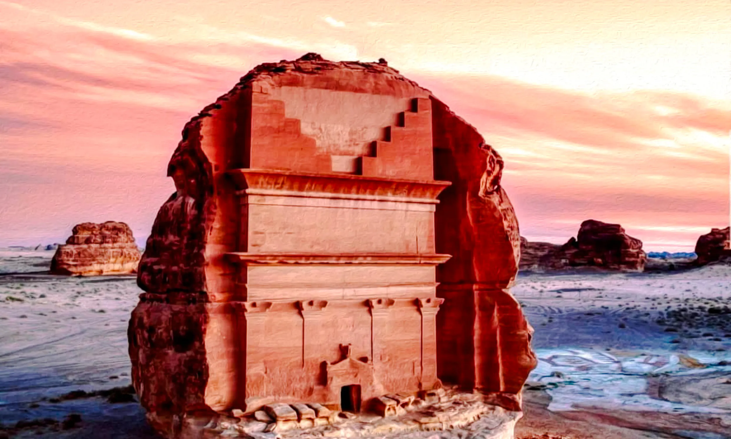 Ancient rock-cut tomb at AlUla, Saudi Arabia, during sunset on a private tour from Medina.