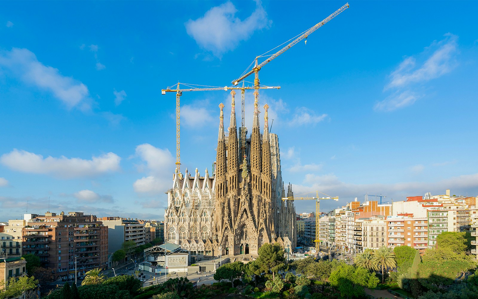 Aerial view of Sagrada Familia in Barcelona, showcasing its intricate architecture.