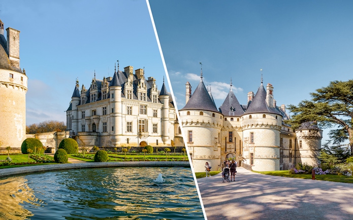 Chenonceau and Chambord castles with gardens and visitors in Loire Valley, France.