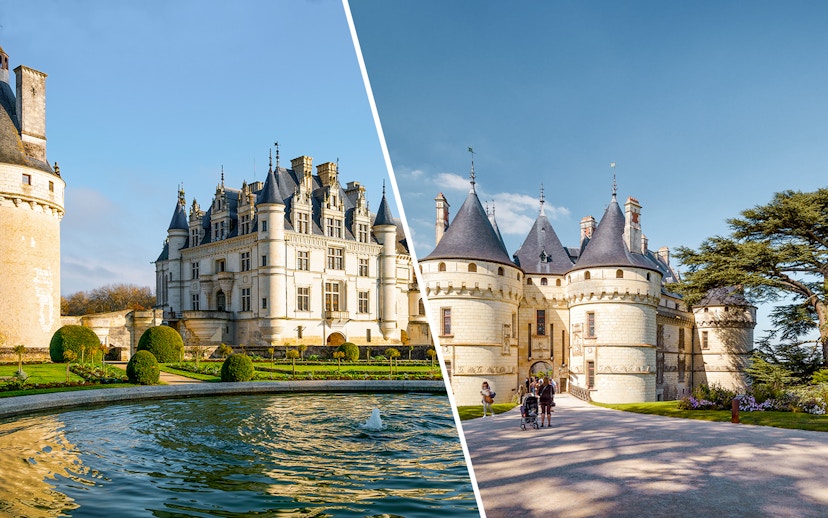 Chenonceau and Chambord castles with gardens and visitors in Loire Valley, France.
