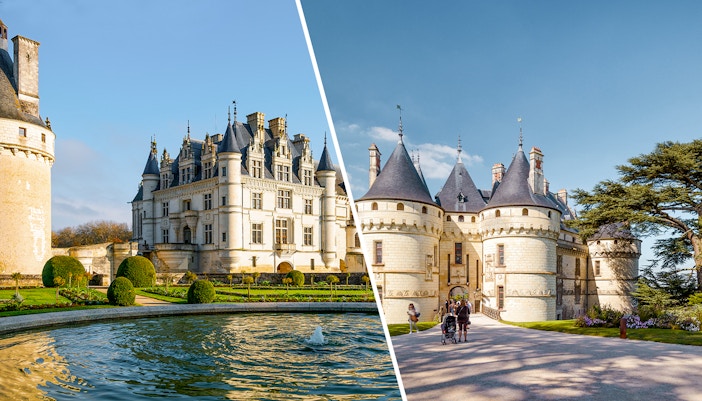 Chenonceau and Chambord castles with gardens and visitors in Loire Valley, France.